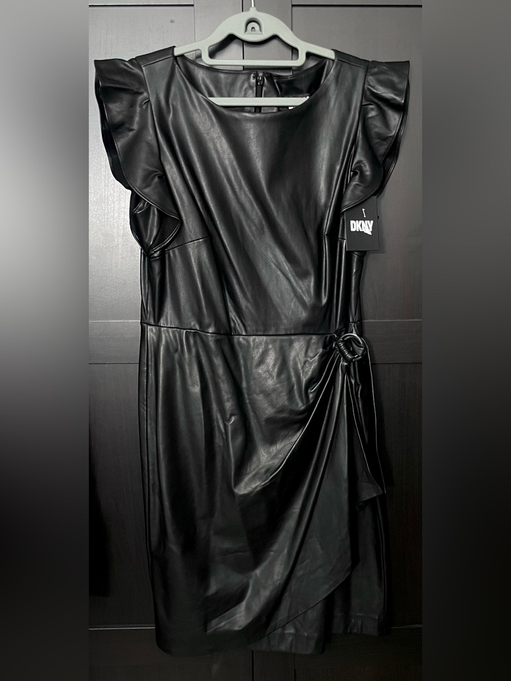 DKNY ~ Black Faux-Leather Midi Dress with Side Ring Gathered Side Detail NWT - 8